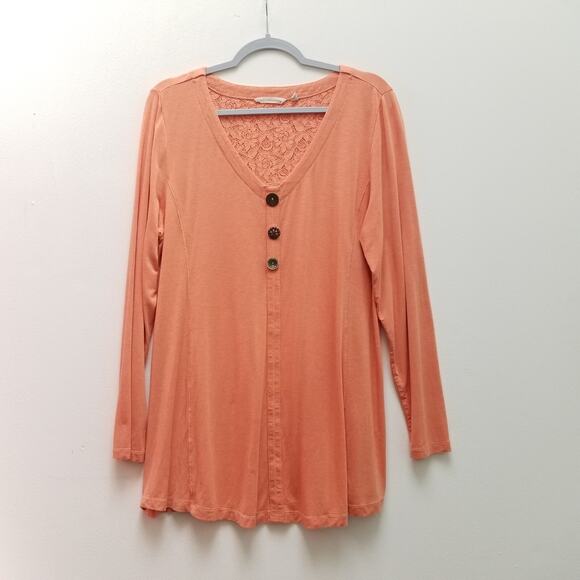 Soft Surroundings Orange Tunic Top XL Long Sleeve V neck Soft Knit Boho Buttons - Picture 3 of 9
